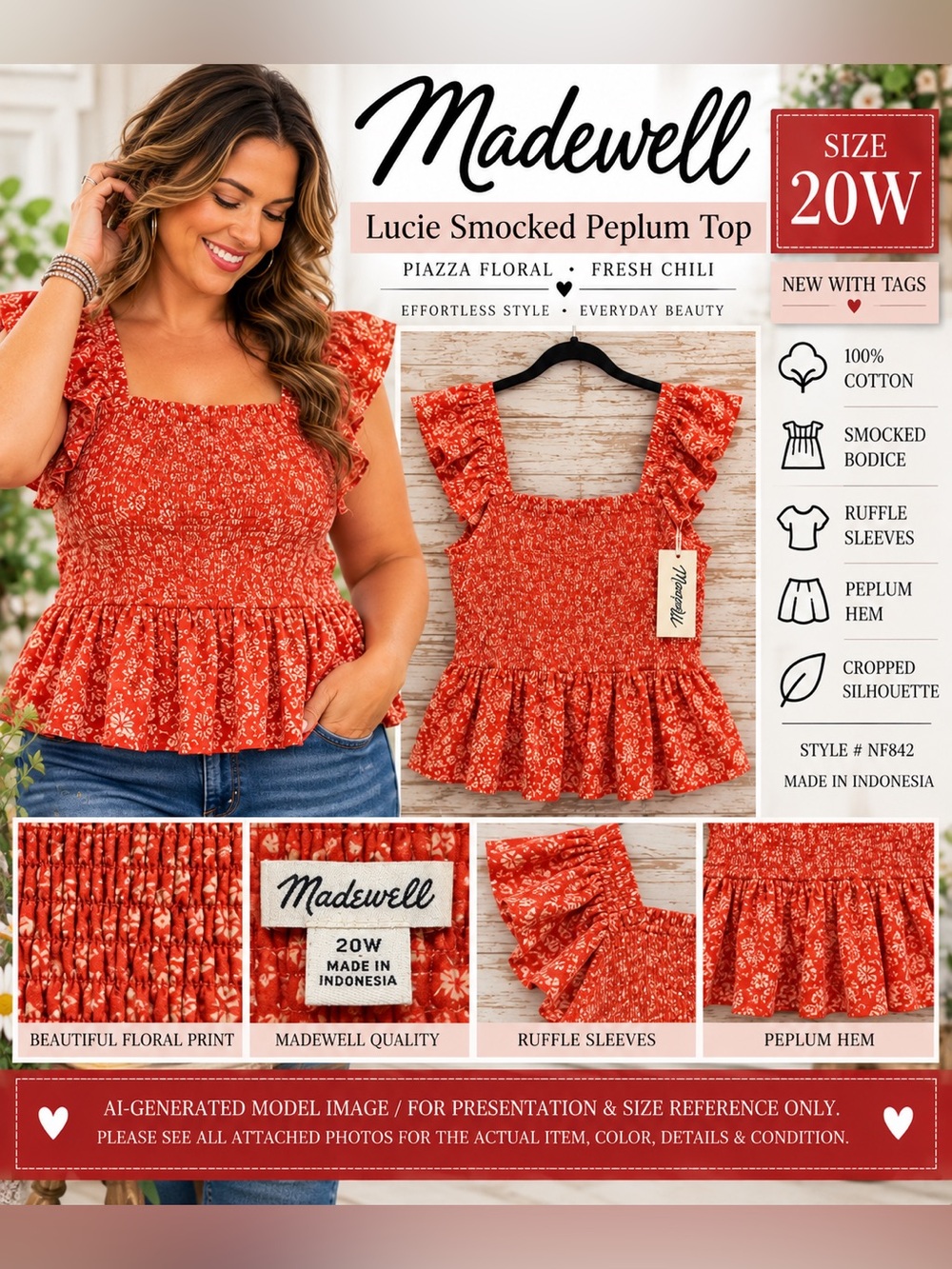 Madewell Plus Lucie Piazza Floral Smocked Peplum Top 20W